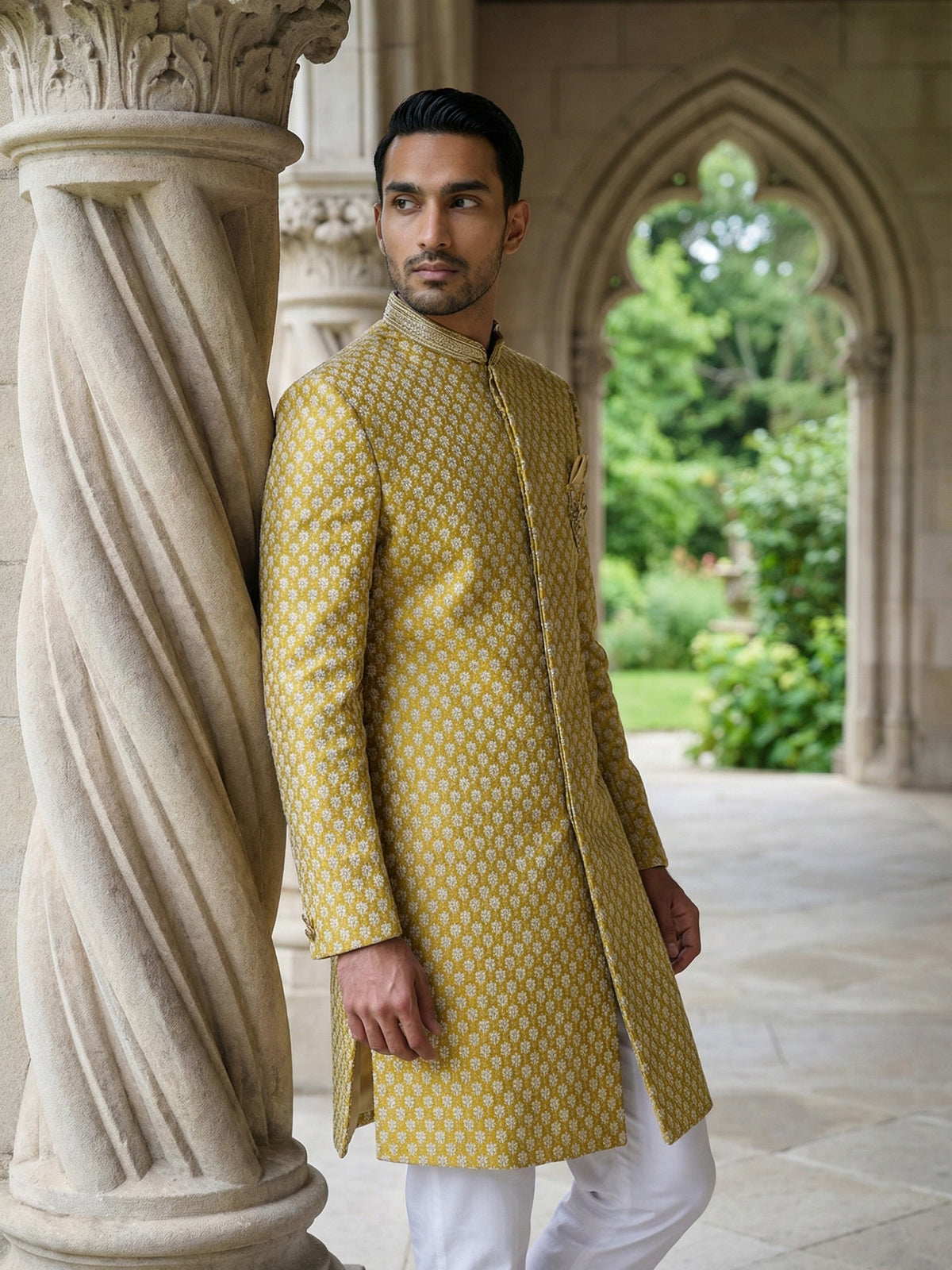 Men Premium Woven Design Sherwani Set ( 50JIND 138Yellow S )