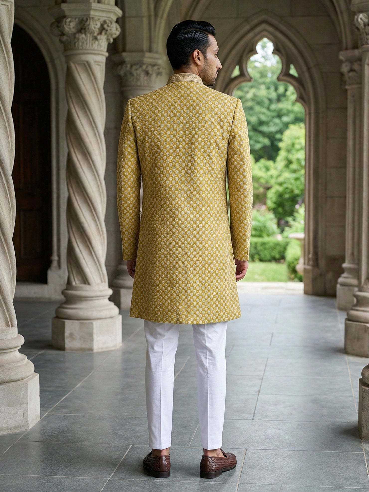 DesiQlo Men Self Design Indo Western Set - Yellow