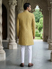 Men Premium Woven Design Sherwani Set ( 50JIND 138Yellow S )