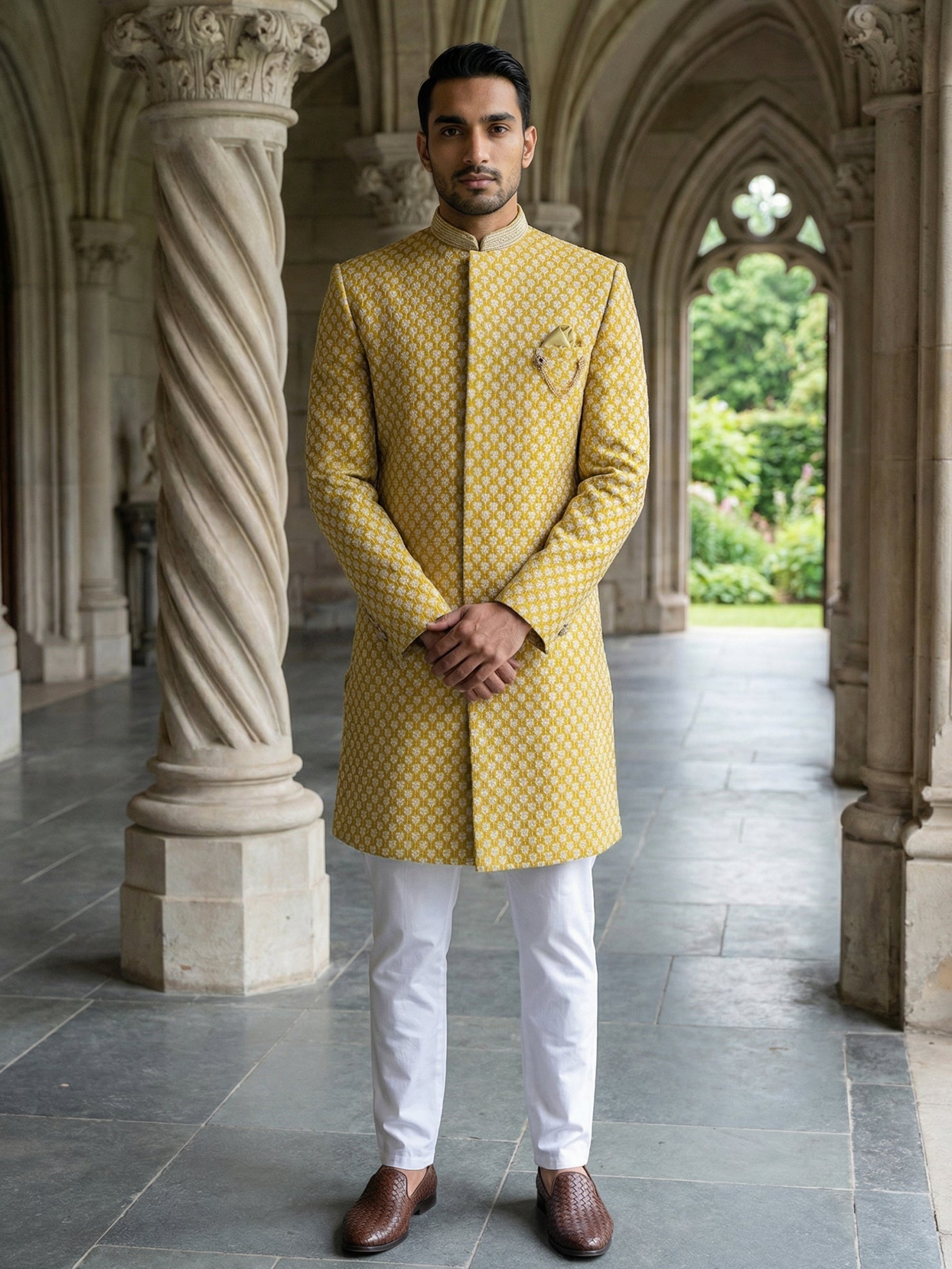 DesiQlo Men Self Design Indo Western Set - Yellow
