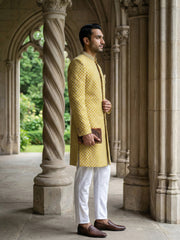 Men Premium Woven Design Sherwani Set ( 50JIND 138Yellow S )