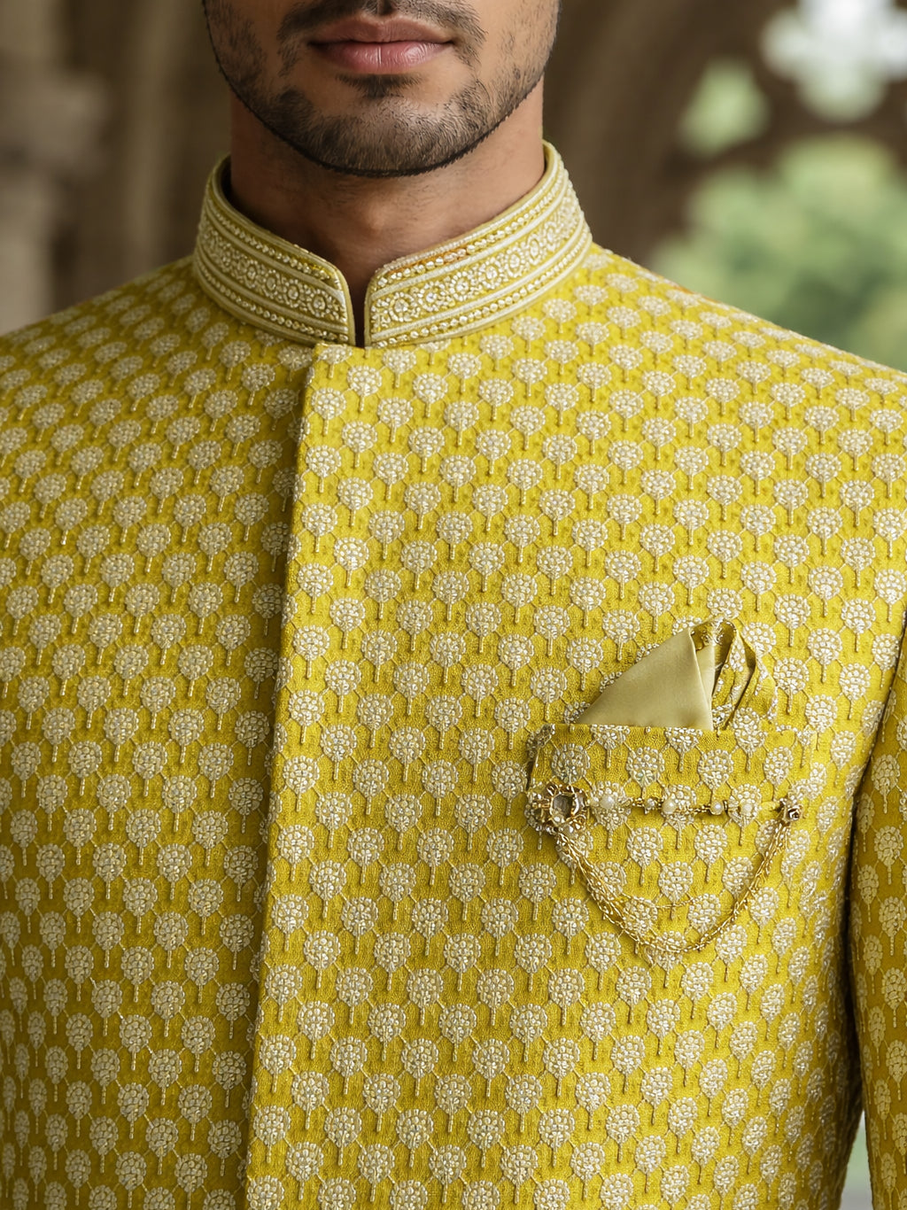 DesiQlo Men Self Design Indo Western Set - Yellow