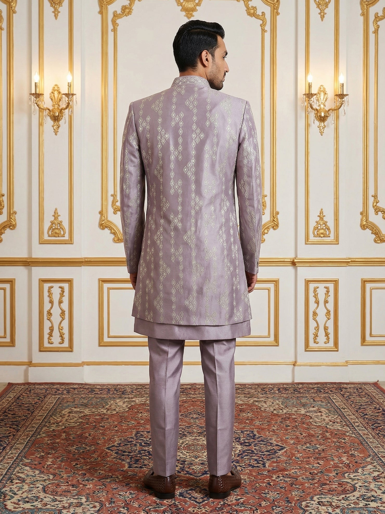 DesiQlo Men Embroidered Indo Western Set - Purple - 50JIND_139Lavender