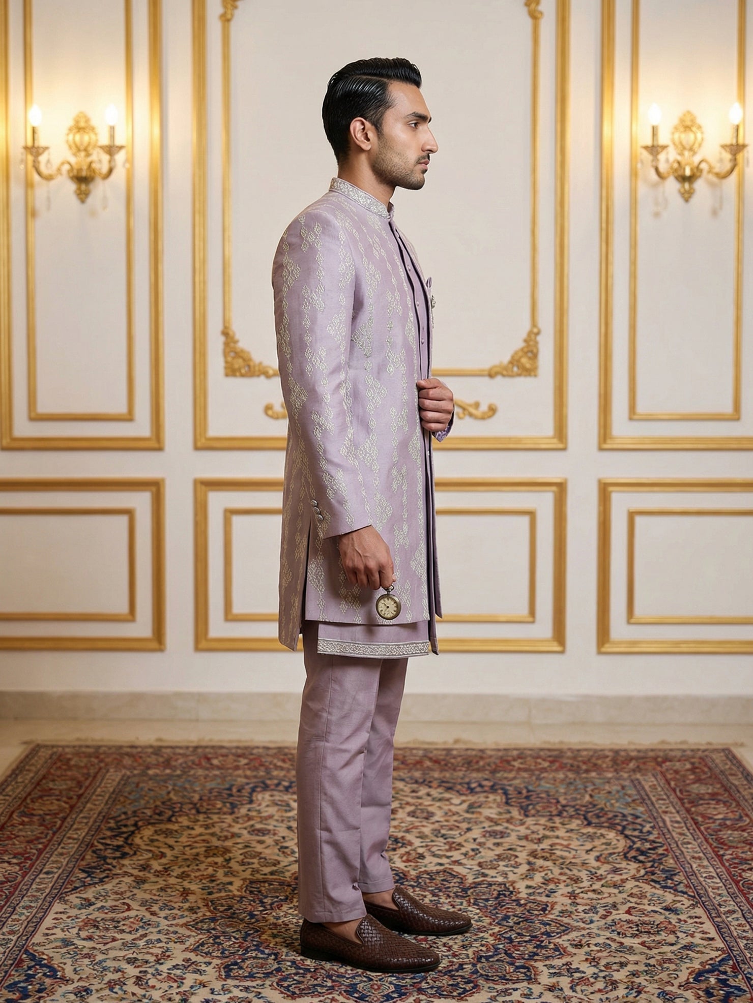 DesiQlo Men Embroidered Indo Western Set - Purple - 50JIND_139Lavender