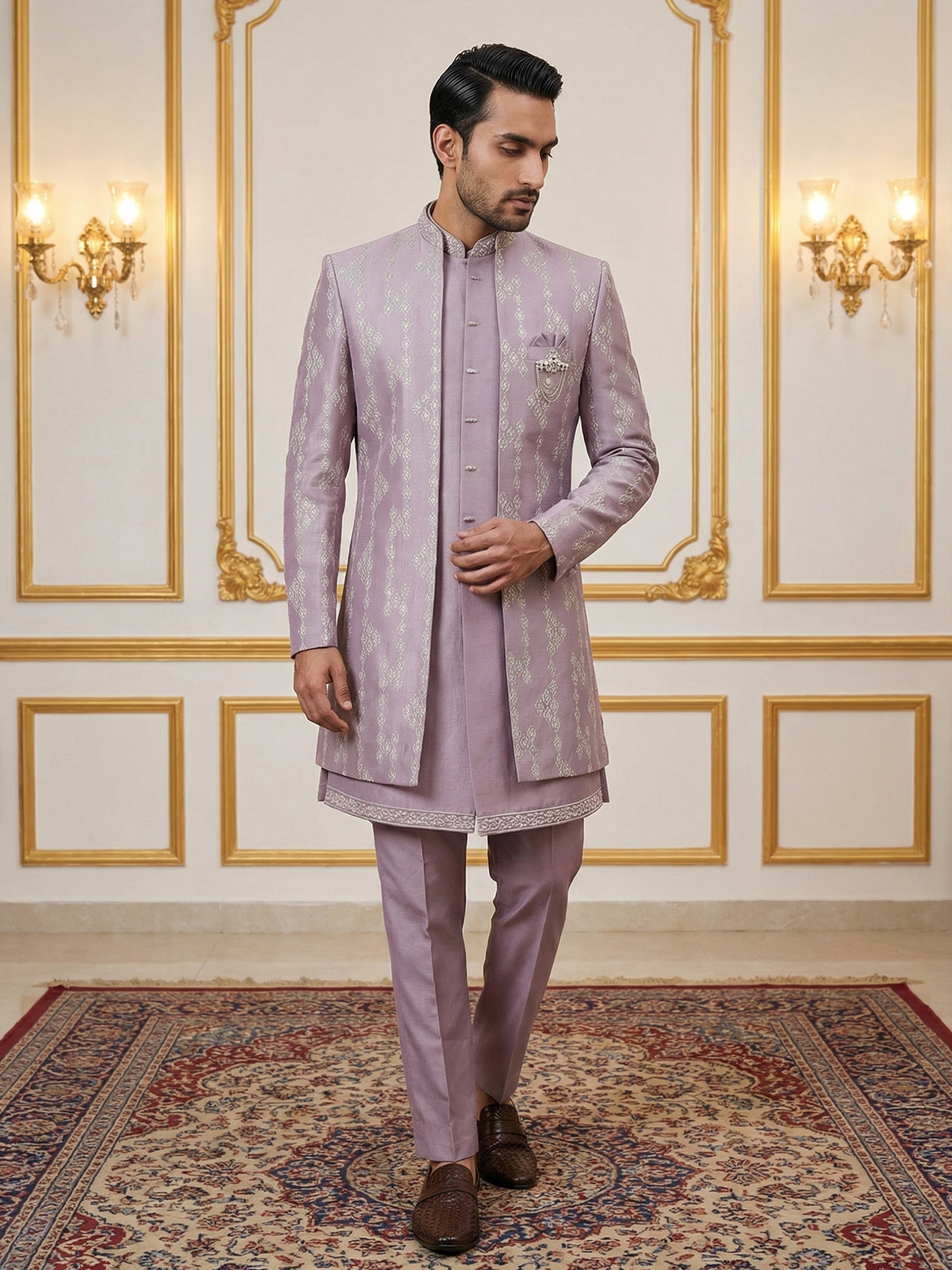 DesiQlo Men Embroidered Indo Western Set - Purple - 50JIND_139Lavender