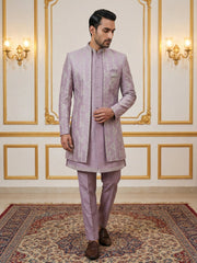 Men Silk Blend Embroidered Sherwani Set ( 50JIND 139Lavender S )