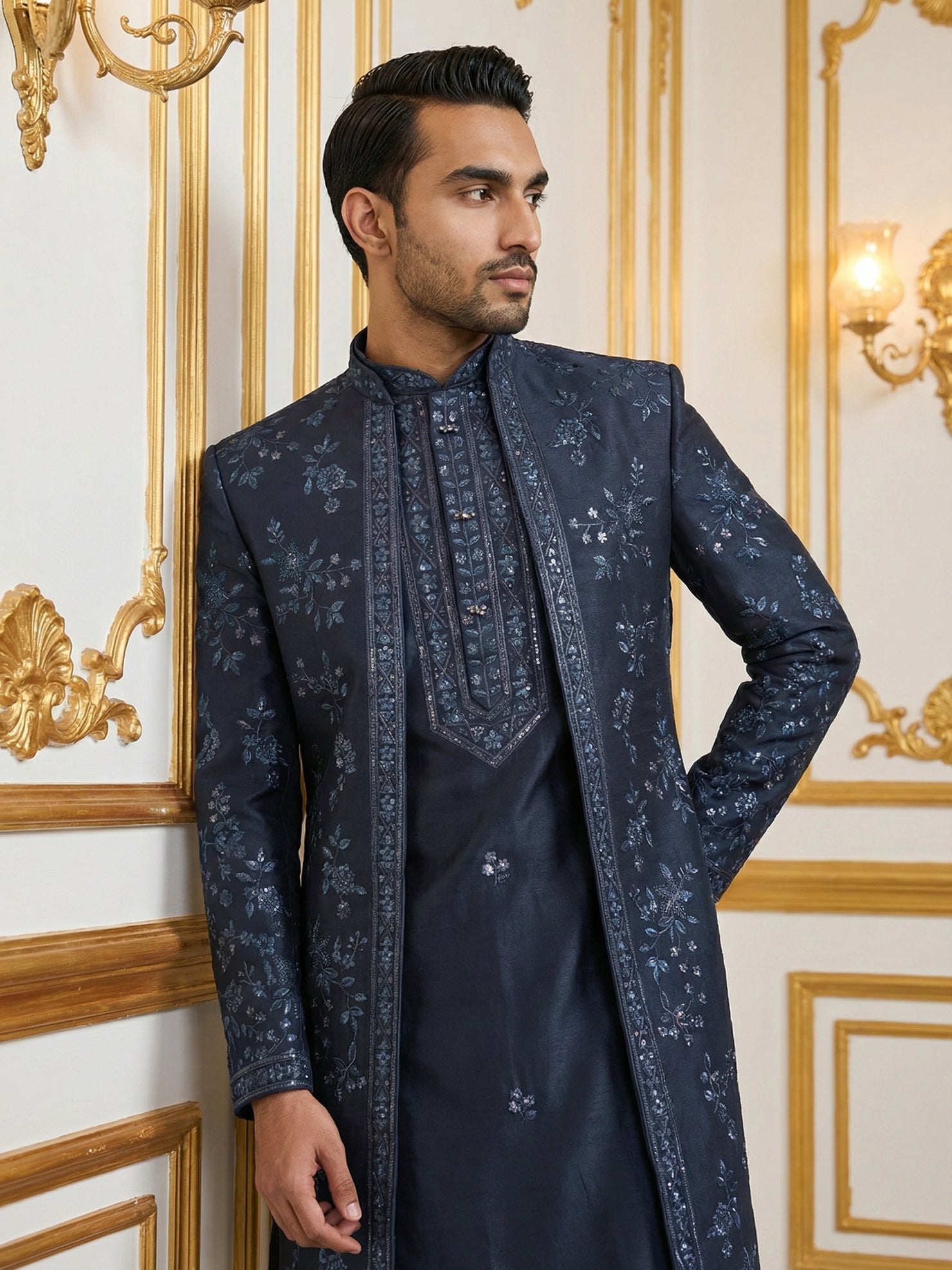 DesiQlo Men Embroidered Indo Western Set - Blue - 50JIND_140Navy_S