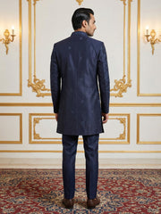 Silk Blend Floral Embroidered Sherwani Set ( 50JIND 140Navy S )
