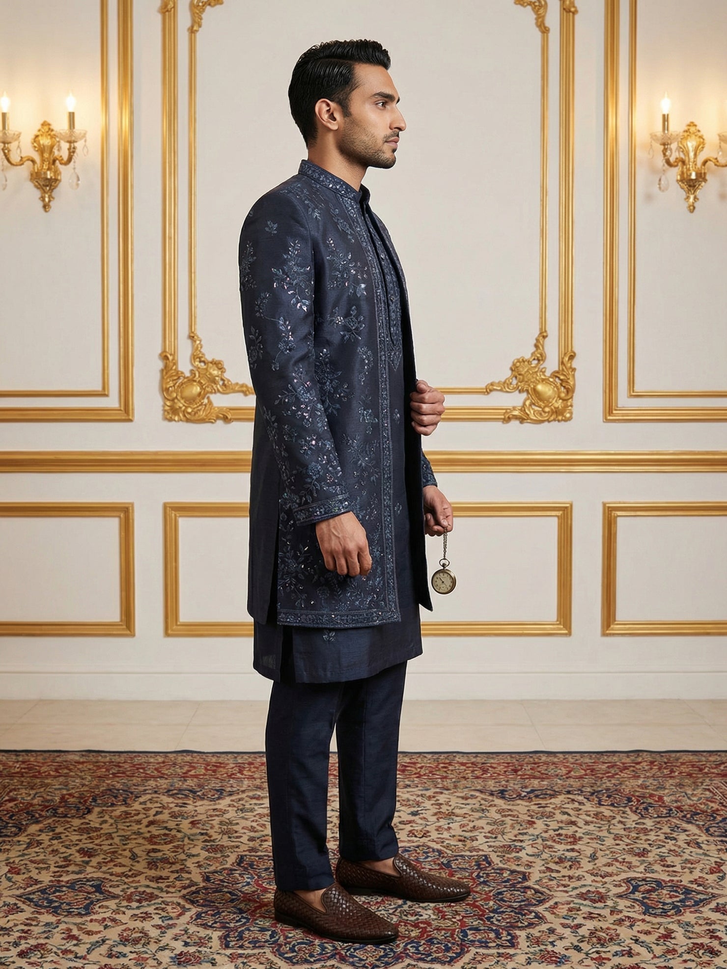 DesiQlo Men Embroidered Indo Western Set - Blue - 50JIND_140Navy_S