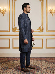 Silk Blend Floral Embroidered Sherwani Set ( 50JIND 140Navy S )