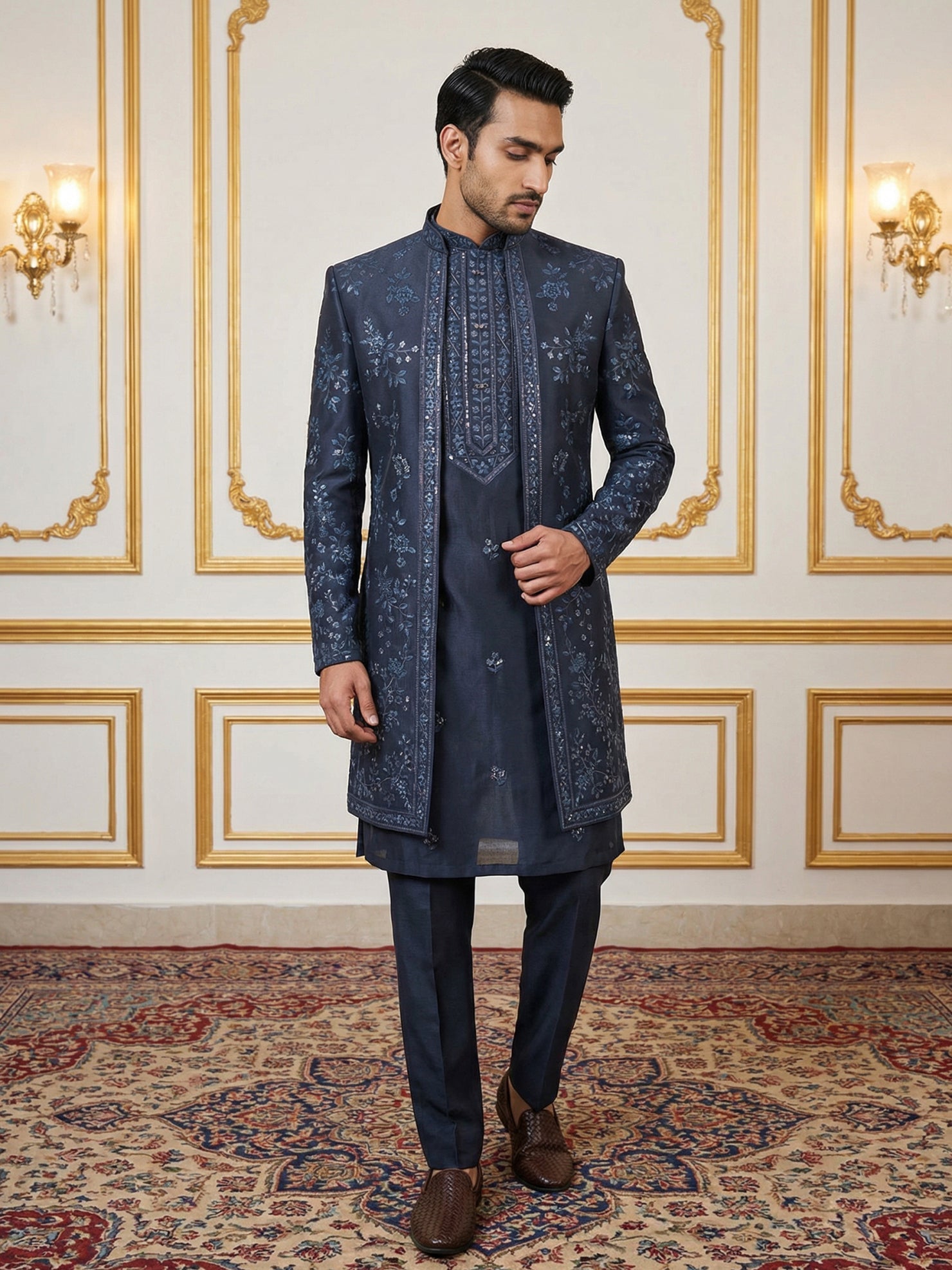 DesiQlo Men Embroidered Indo Western Set - Blue - 50JIND_140Navy_S