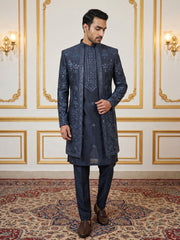 Silk Blend Floral Embroidered Sherwani Set ( 50JIND 140Navy S )