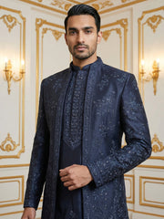 Silk Blend Floral Embroidered Sherwani Set ( 50JIND 140Navy S )