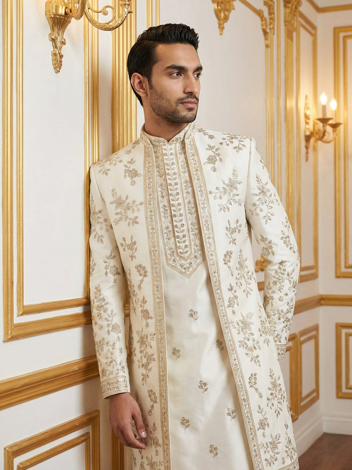 Silk Blend Floral Embroidered Sherwani Set ( 50JIND 140White S )