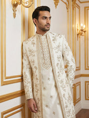 Silk Blend Floral Embroidered Sherwani Set ( 50JIND 140White S )