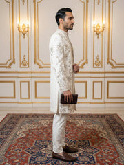 Silk Blend Floral Embroidered Sherwani Set ( 50JIND 140White S )