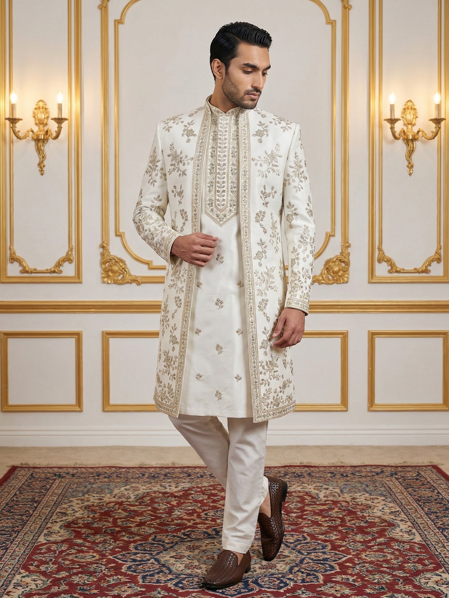 DesiQlo Men Embroidered Indo Western Set - White - 50JIND_140White_S