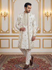 Silk Blend Floral Embroidered Sherwani Set ( 50JIND 140White S )