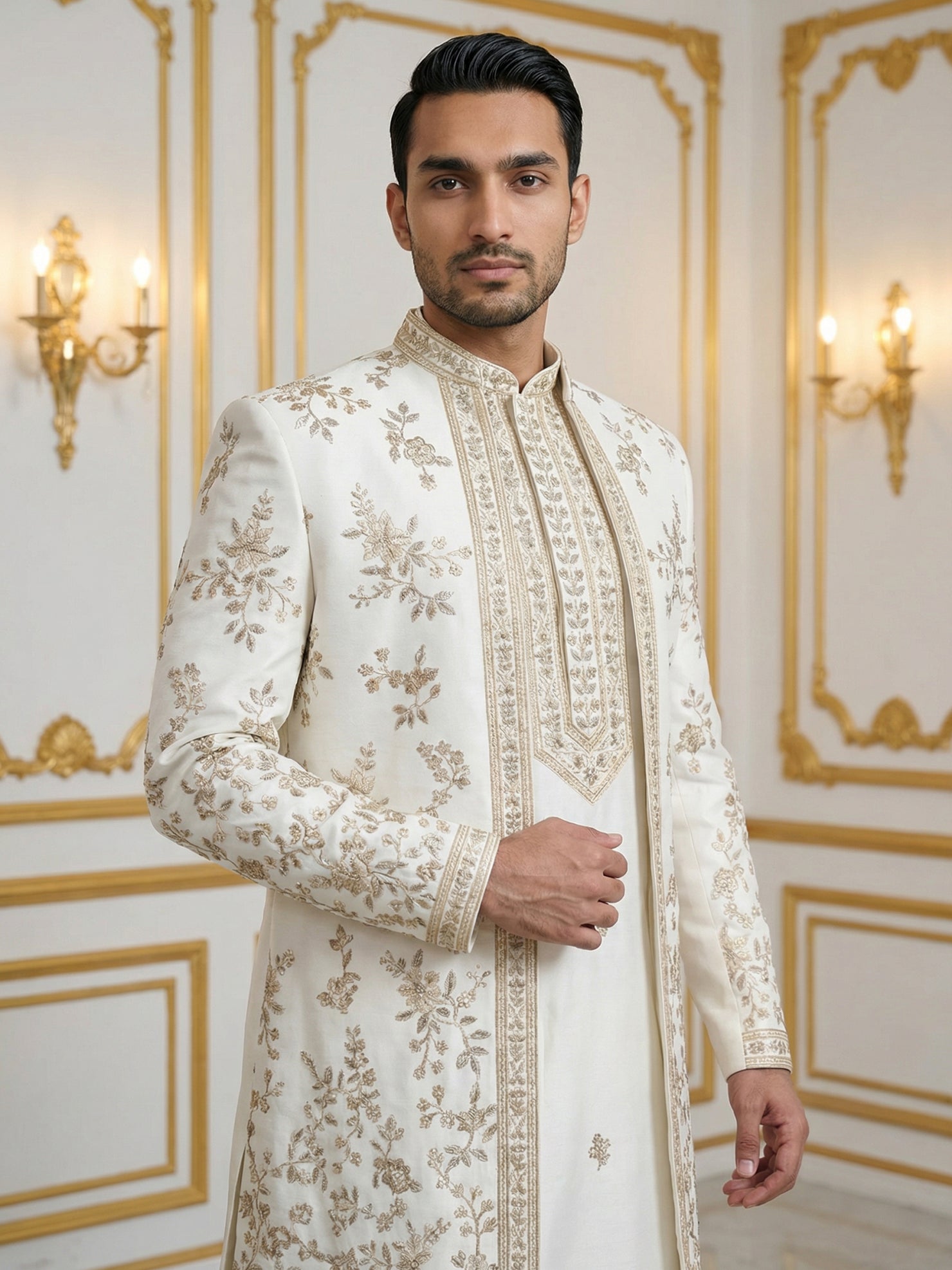DesiQlo Men Embroidered Indo Western Set - White - 50JIND_140White_S