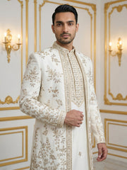Silk Blend Floral Embroidered Sherwani Set ( 50JIND 140White S )
