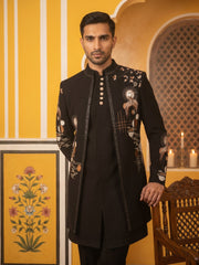 Japanese Fabric Embroidered Sherwani Set ( 50JIND 141Black )