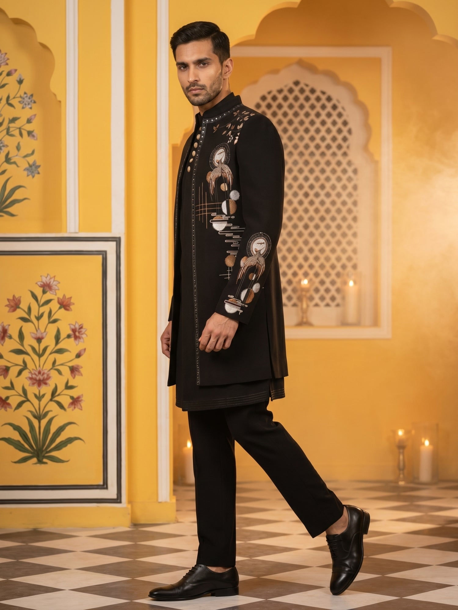 DesiQlo Men Embroidered Indo Western Set - Black - 50JIND_141Black_S