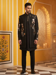 Japanese Fabric Embroidered Sherwani Set ( 50JIND 141Black )