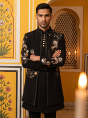 Japanese Fabric Embroidered Sherwani Set ( 50JIND 141Black )