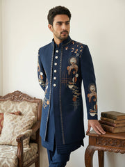 Japanese Fabric Embroidered Sherwani Set ( 50JIND 141Navy S )