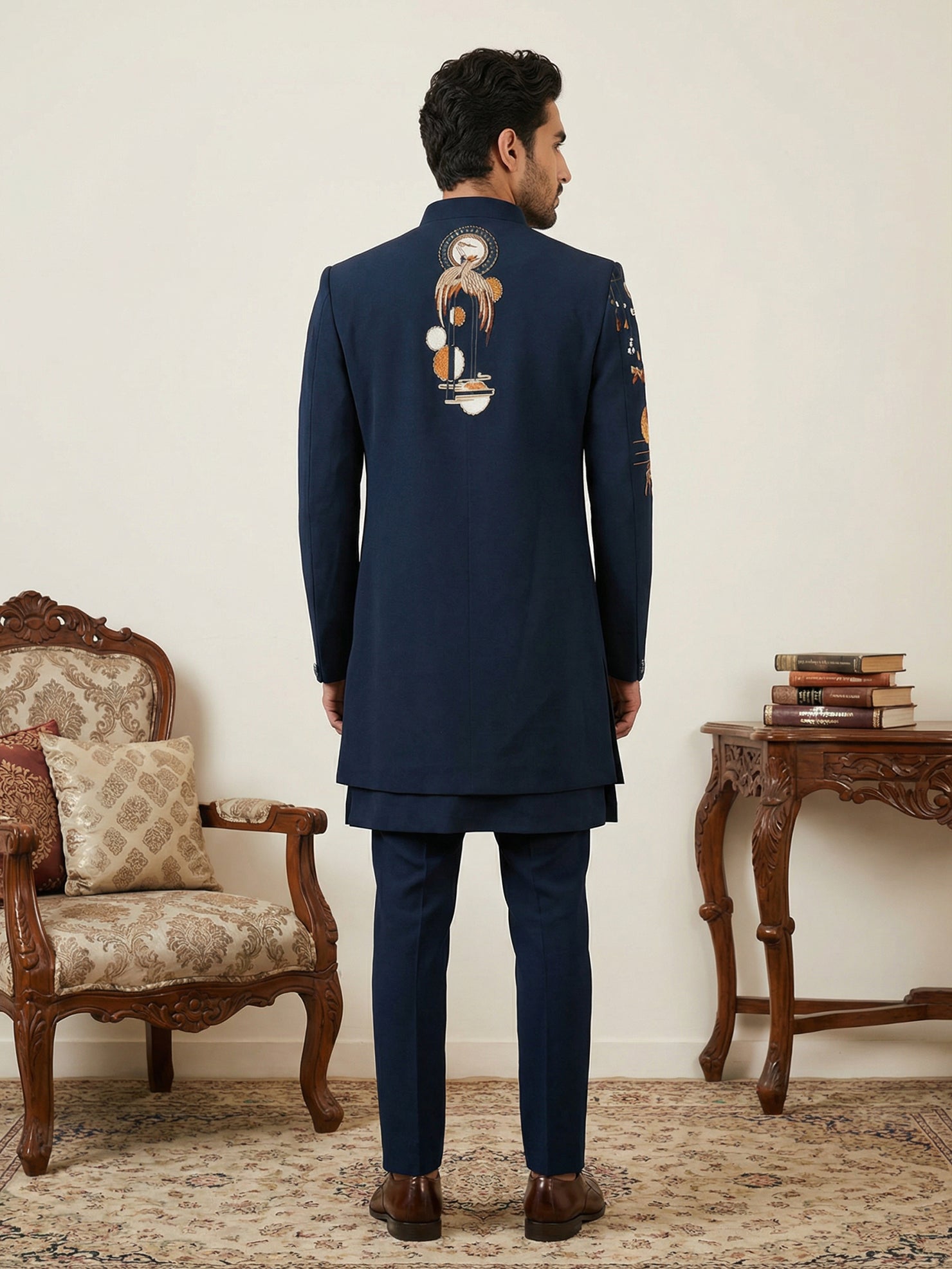 DesiQlo Men Embroidered Indo Western Set - Blue - 50JIND_141Navy_S