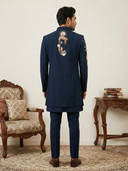 Japanese Fabric Embroidered Sherwani Set ( 50JIND 141Navy S )