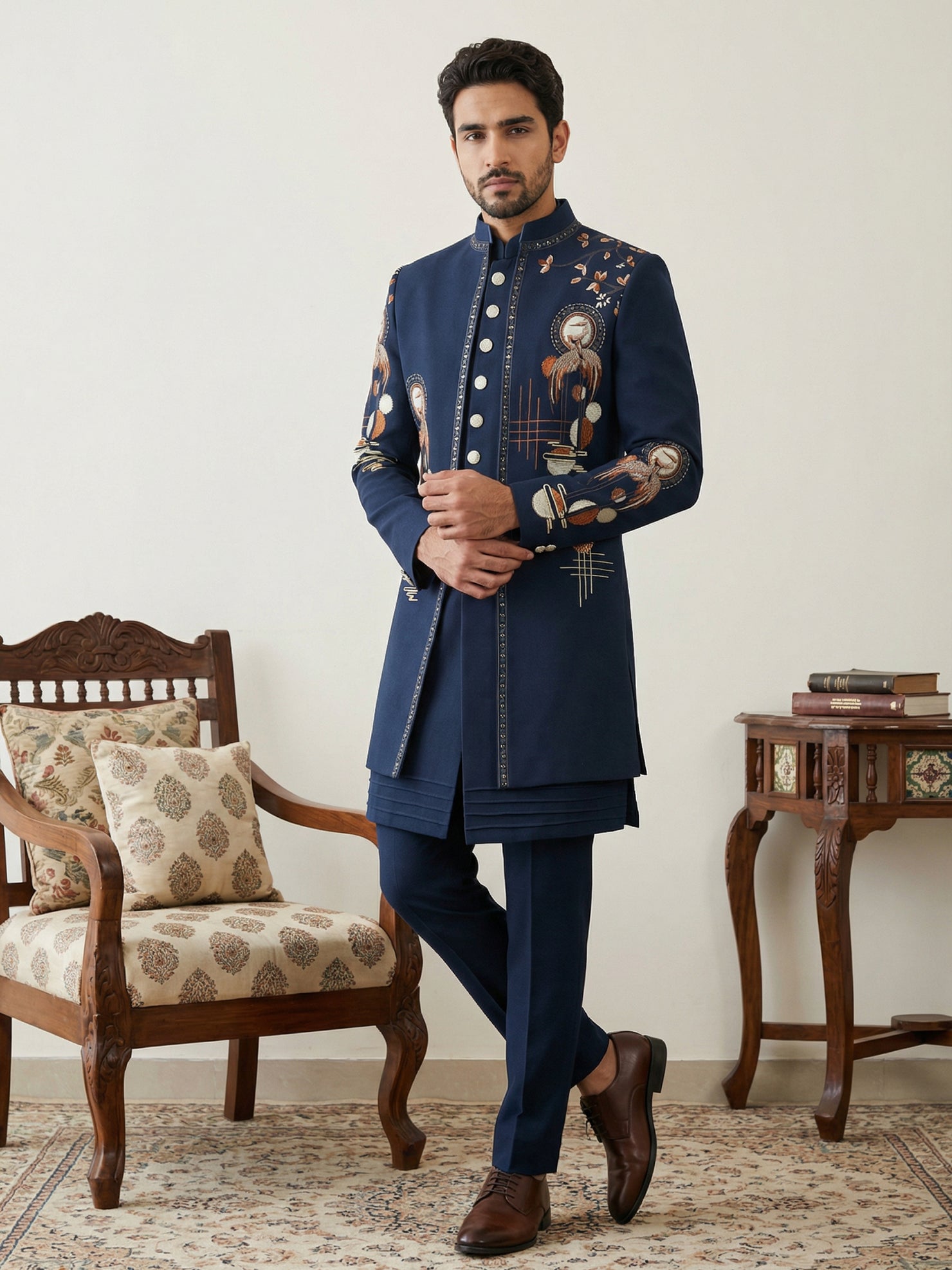 DesiQlo Men Embroidered Indo Western Set - Blue - 50JIND_141Navy_S