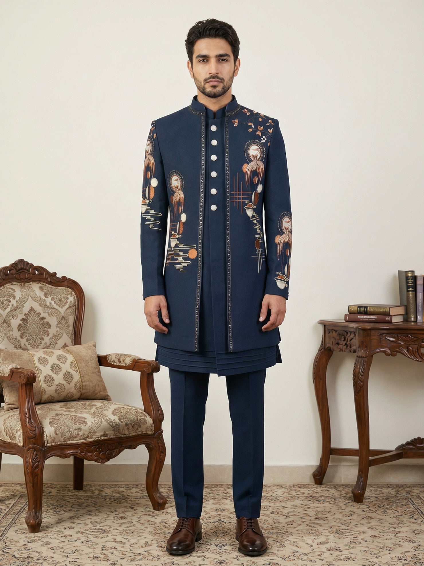 DesiQlo Men Embroidered Indo Western Set - Blue - 50JIND_141Navy_S