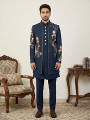 Japanese Fabric Embroidered Sherwani Set ( 50JIND 141Navy S )