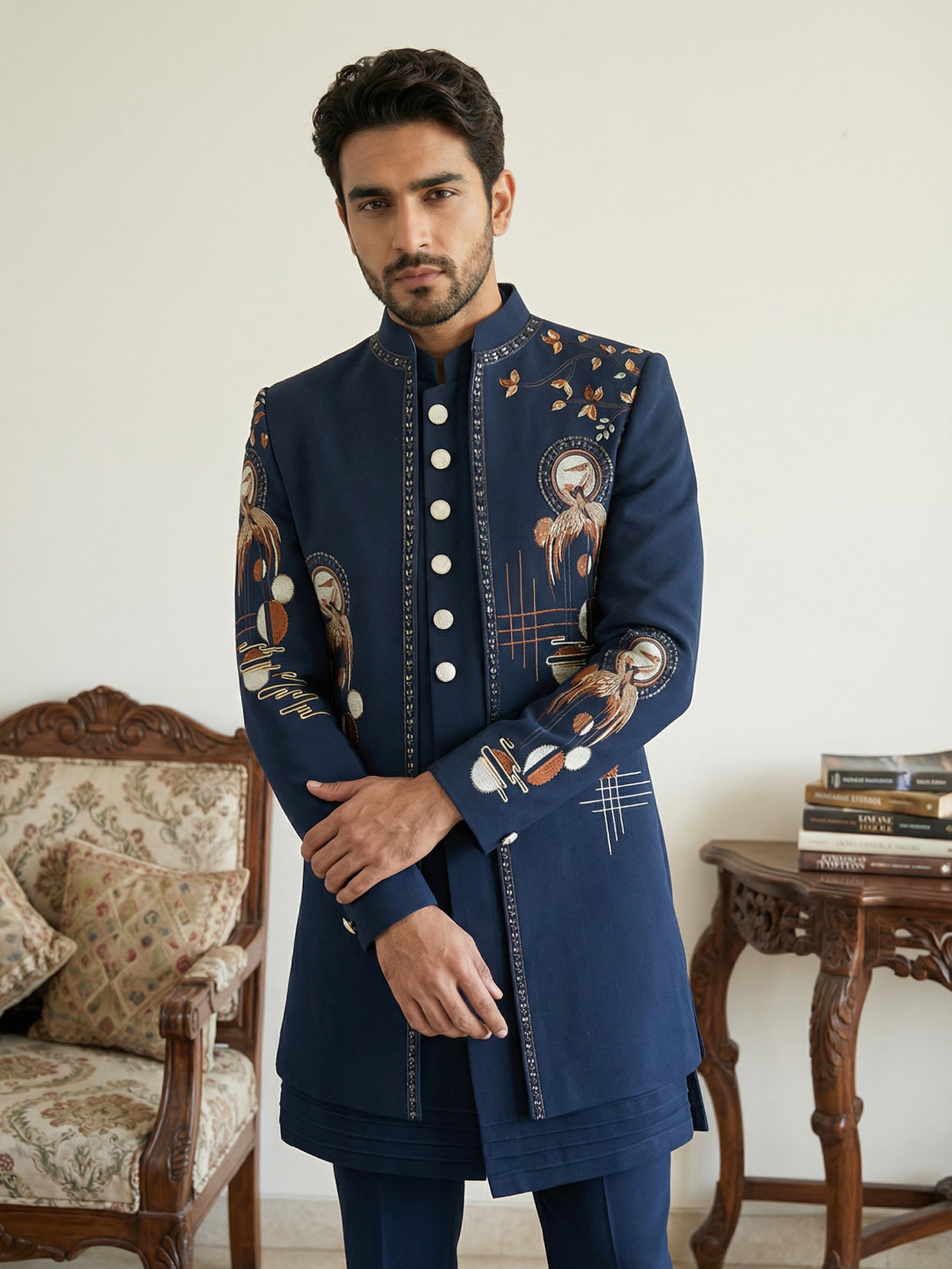 DesiQlo Men Embroidered Indo Western Set - Blue - 50JIND_141Navy_S