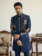 Japanese Fabric Embroidered Sherwani Set ( 50JIND 141Navy S )