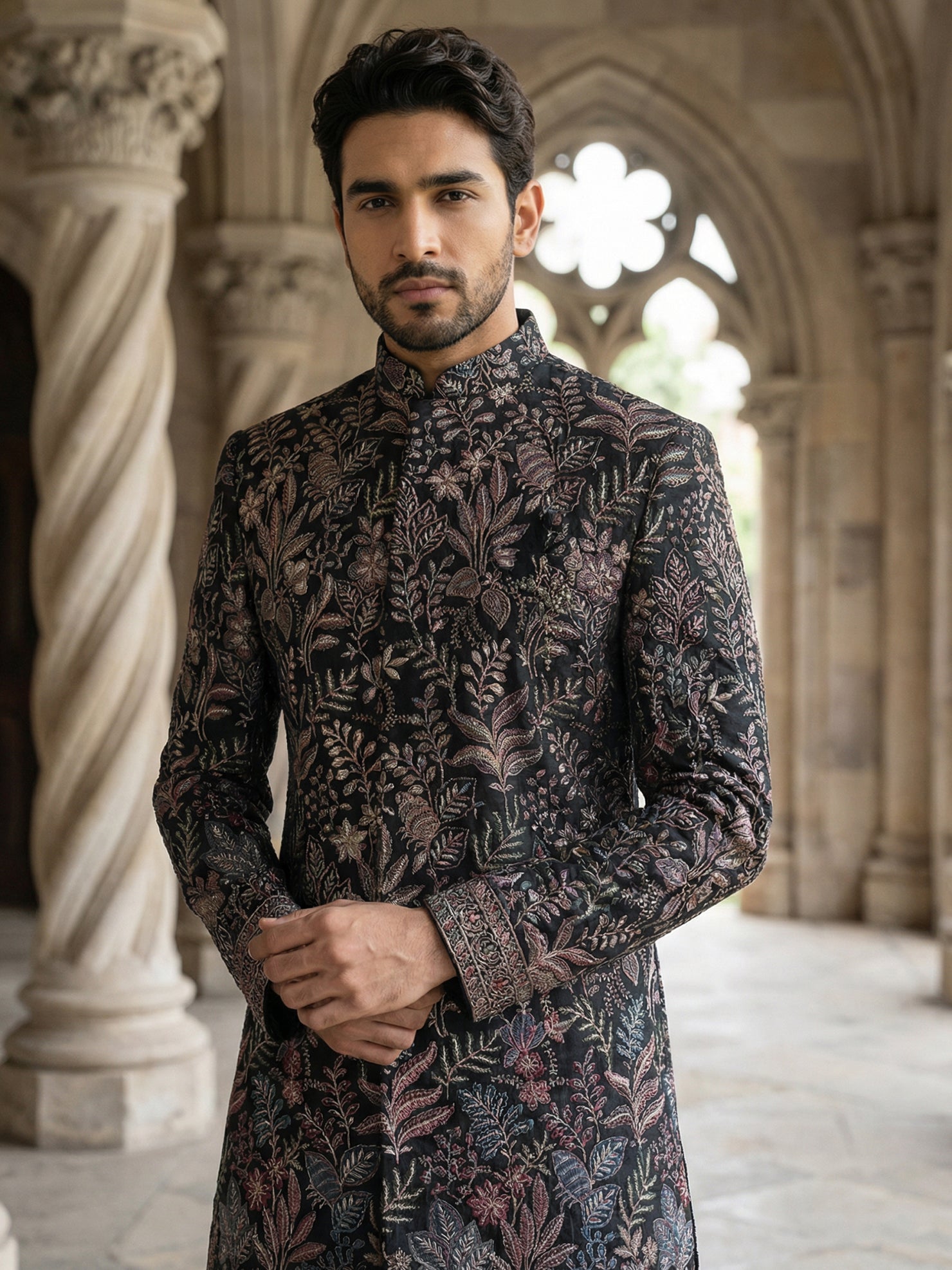 DesiQlo Men Embroidered Indo Western Set - Black - 50JIND_142Black_S