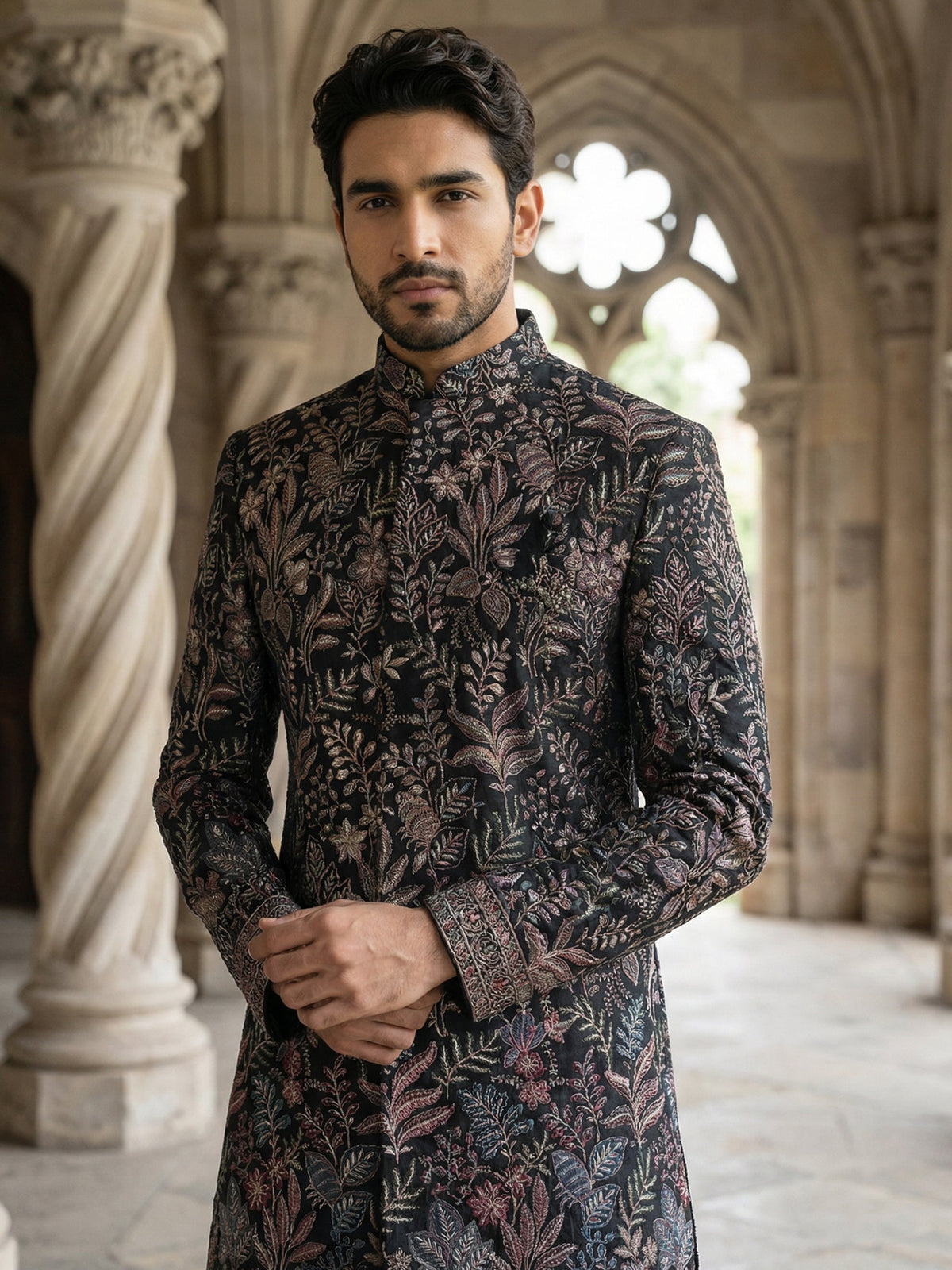 Ethnic Velvet Embroidered Sherwani Set ( 50JIND 142Black S )