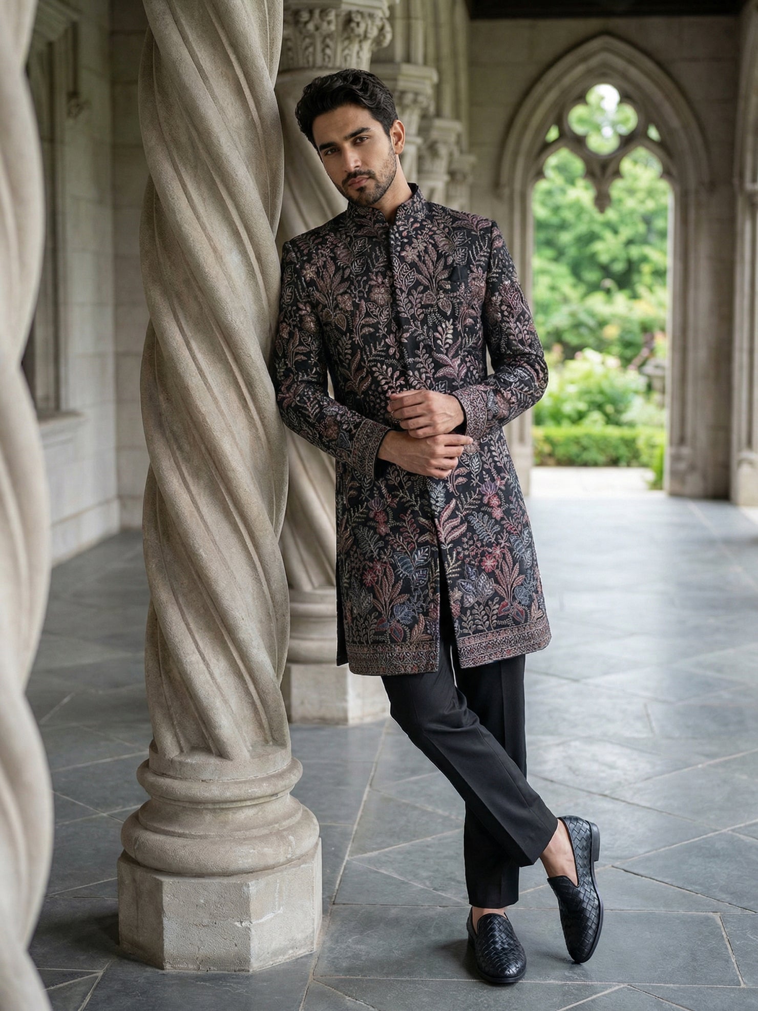 DesiQlo Men Embroidered Indo Western Set - Black - 50JIND_142Black_S