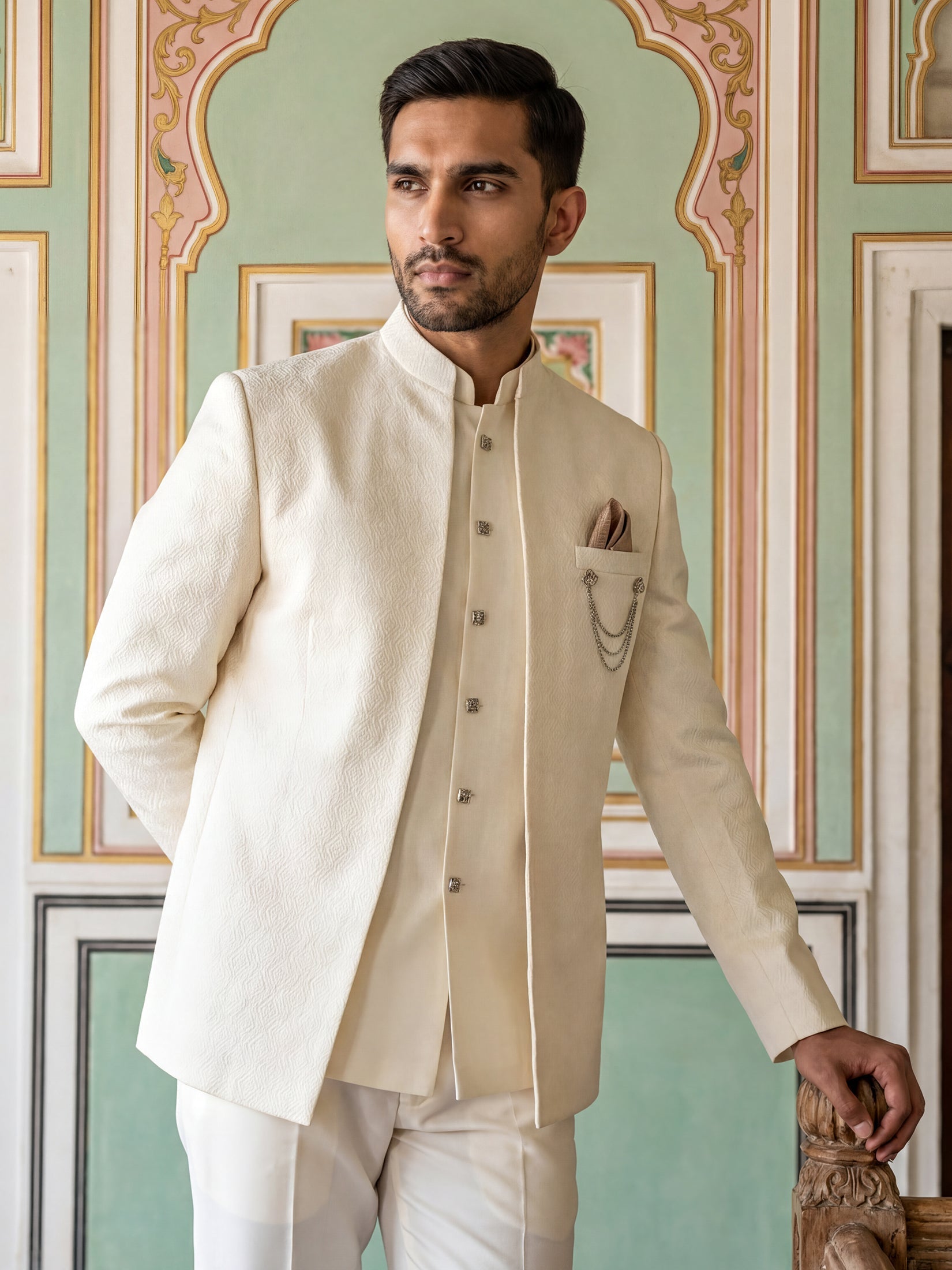 DesiQlo Men Self Design Indo Western Set - Beige - 50JIND_143Cream_S