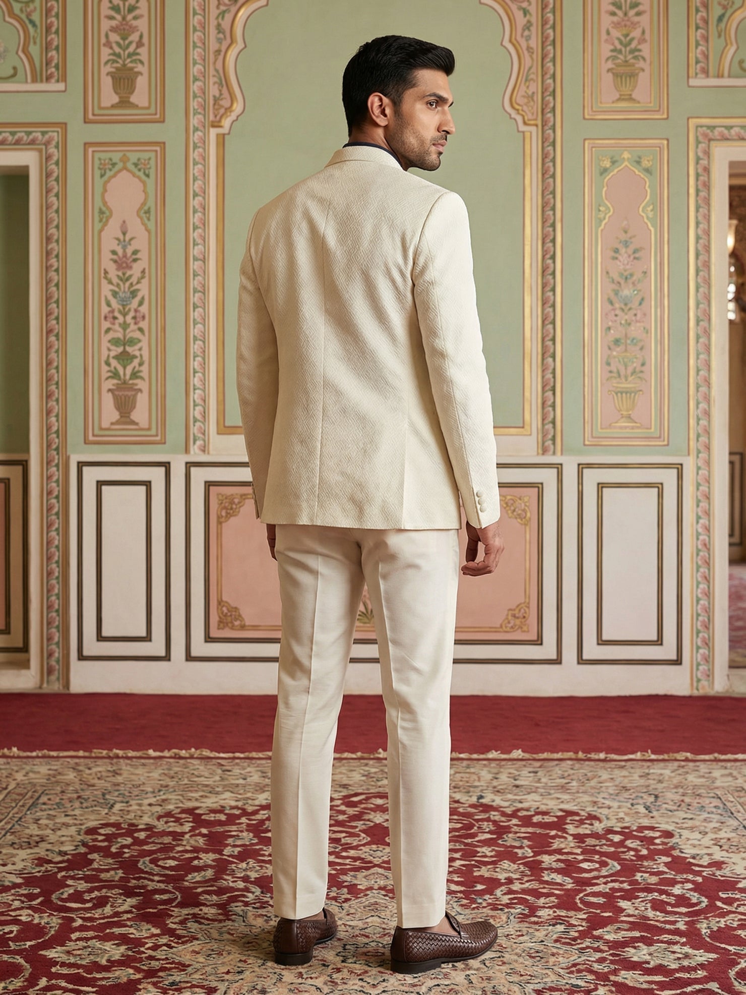 DesiQlo Men Self Design Indo Western Set - Beige - 50JIND_143Cream_S