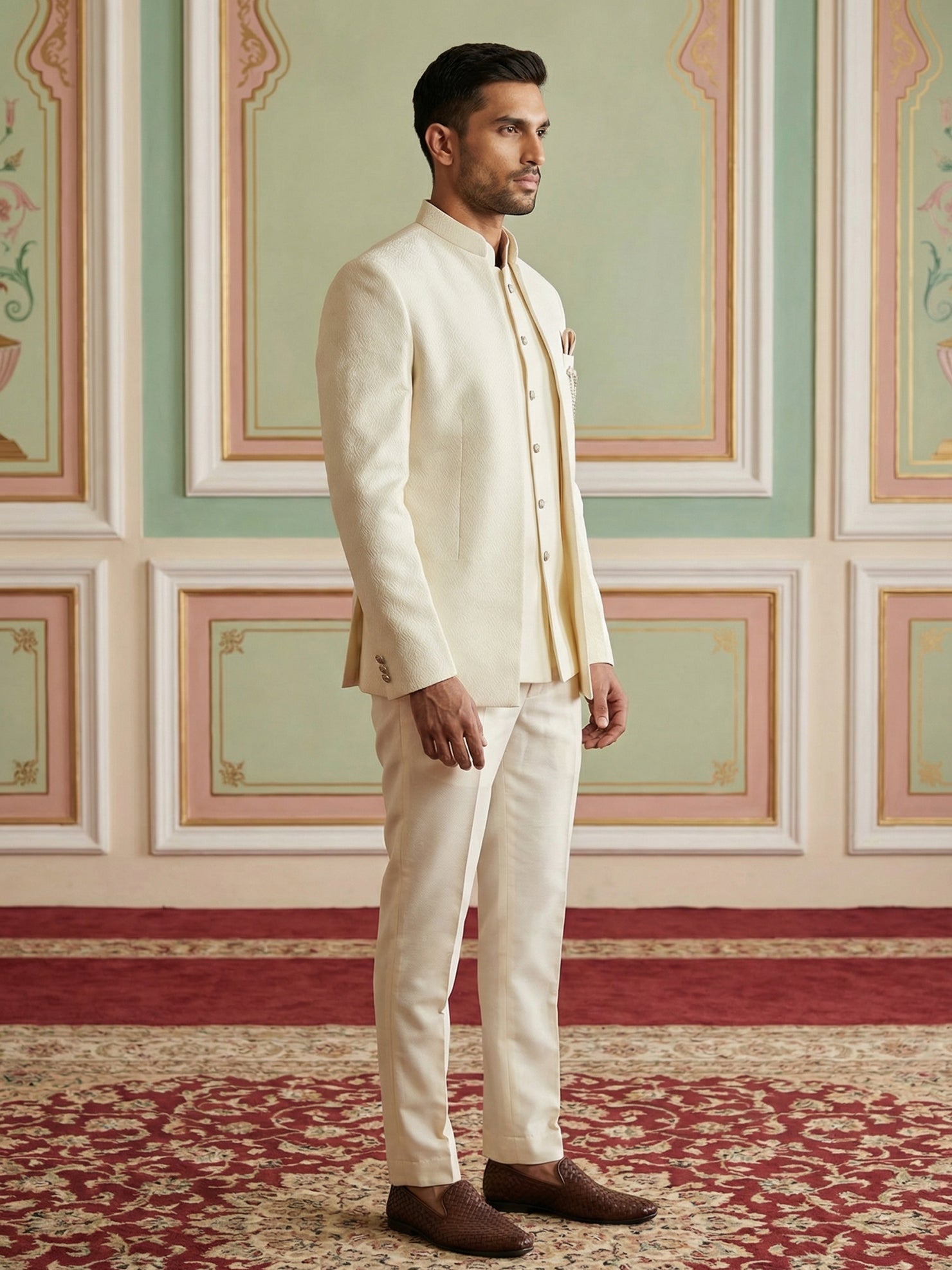 DesiQlo Men Self Design Indo Western Set - Beige - 50JIND_143Cream_S