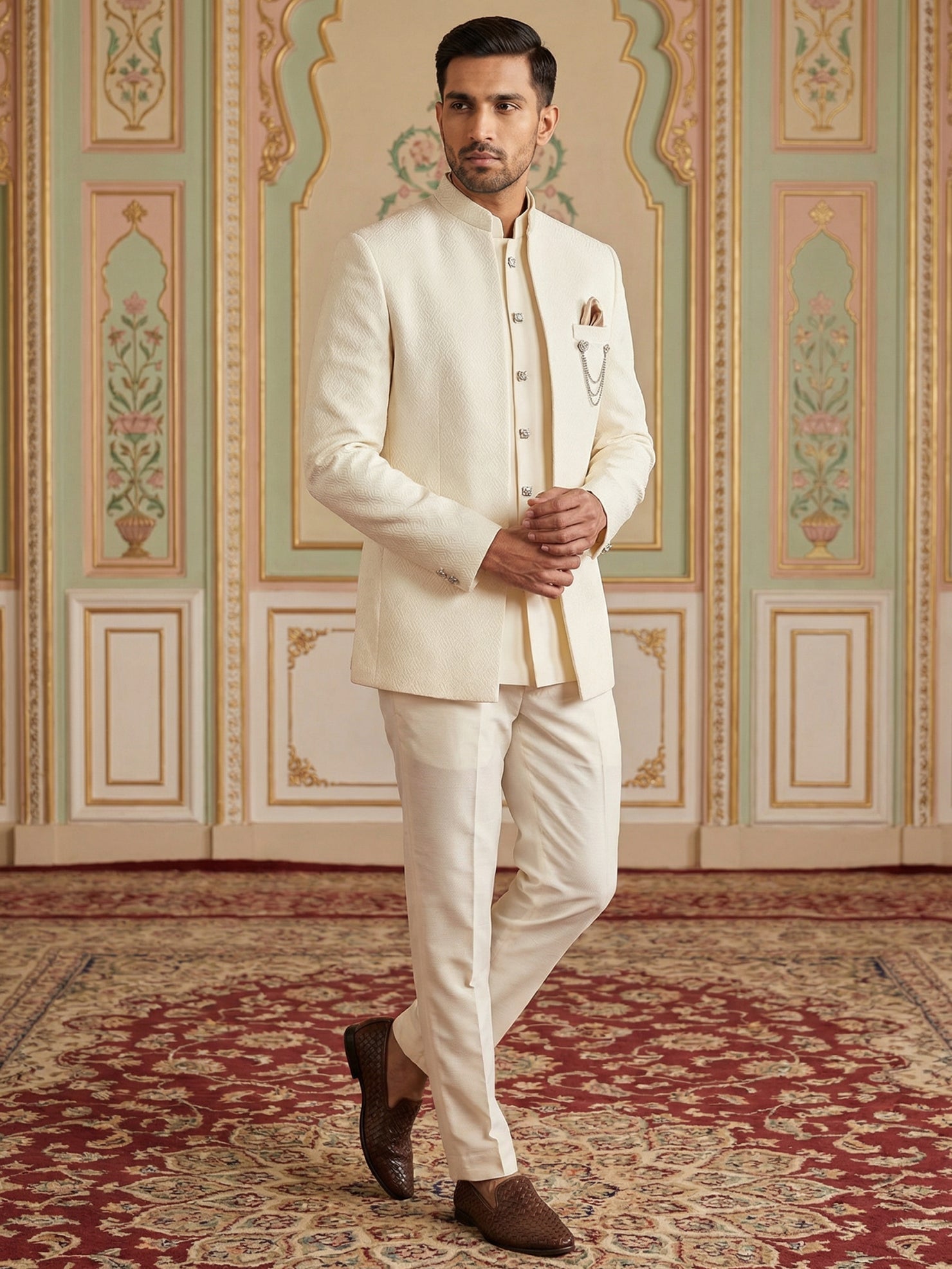 DesiQlo Men Self Design Indo Western Set - Beige - 50JIND_143Cream_S