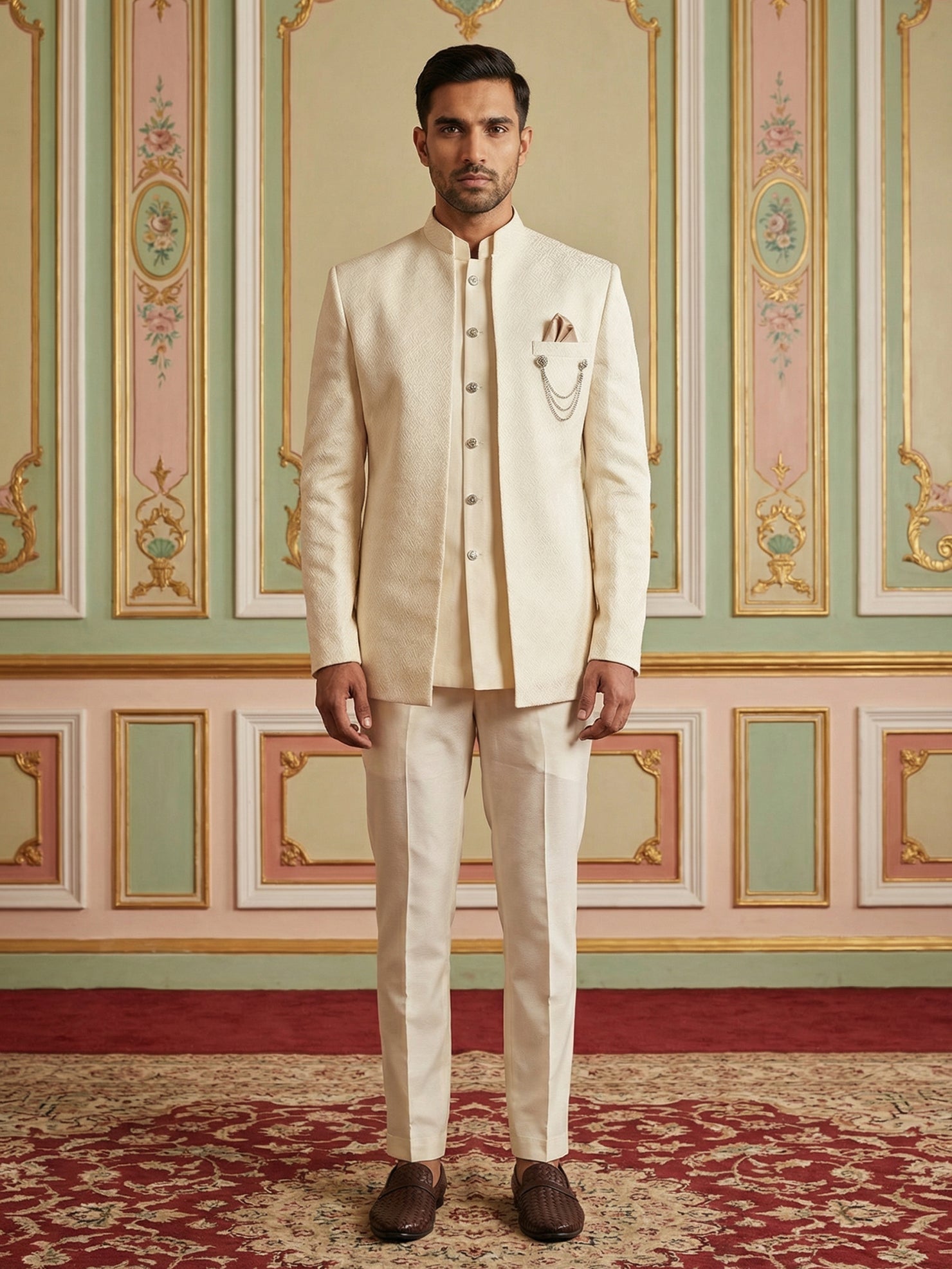 DesiQlo Men Self Design Indo Western Set - Beige - 50JIND_143Cream_S
