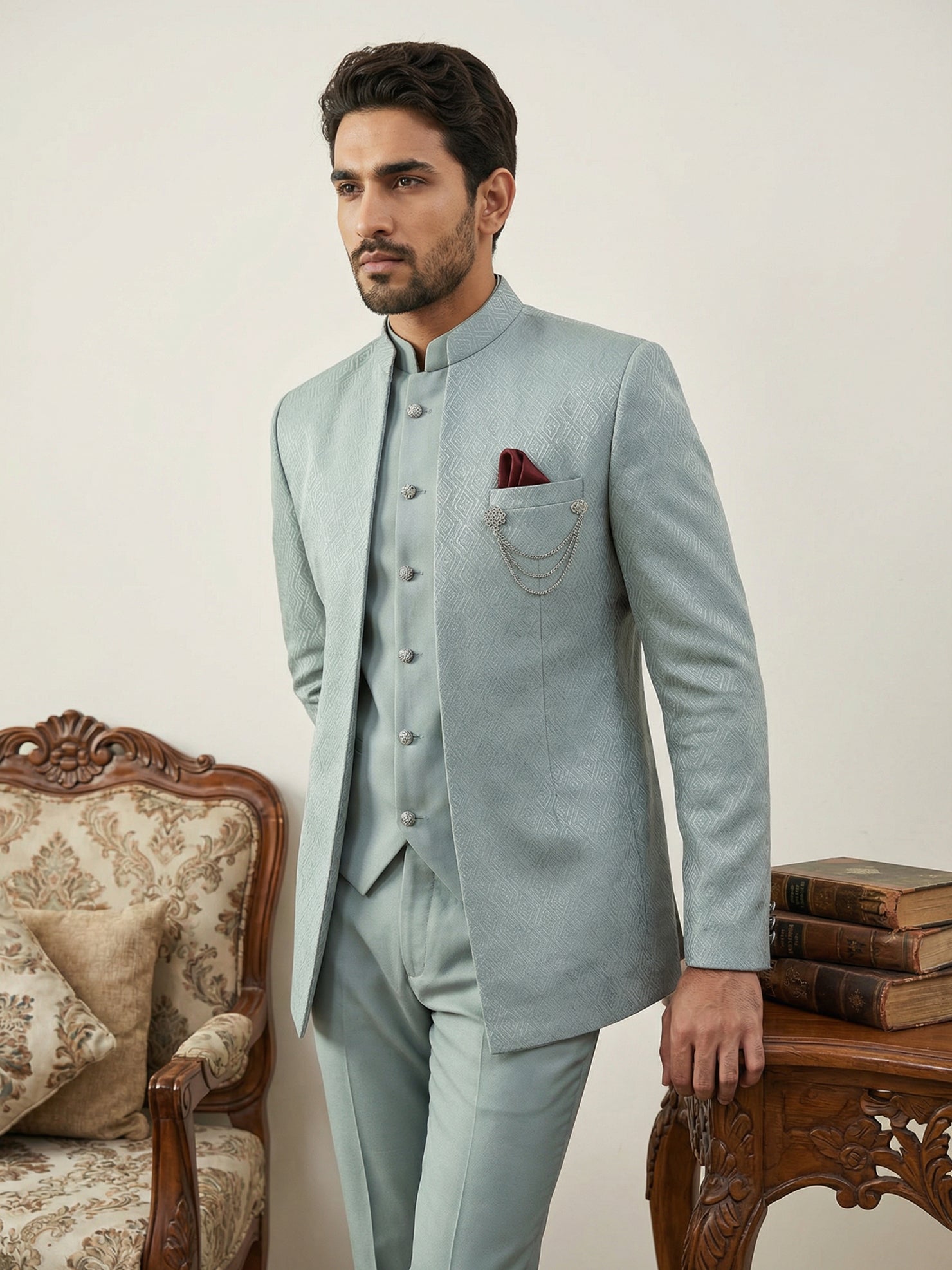 DesiQlo Men Self Design Indo Western Set - Blue - 50JIND_143Sky_S
