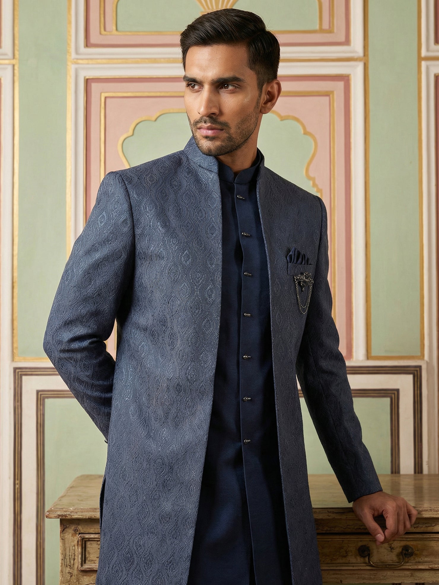 DesiQlo Men Self Design Indo Western Set - Blue - 50JIND_144Navy_S