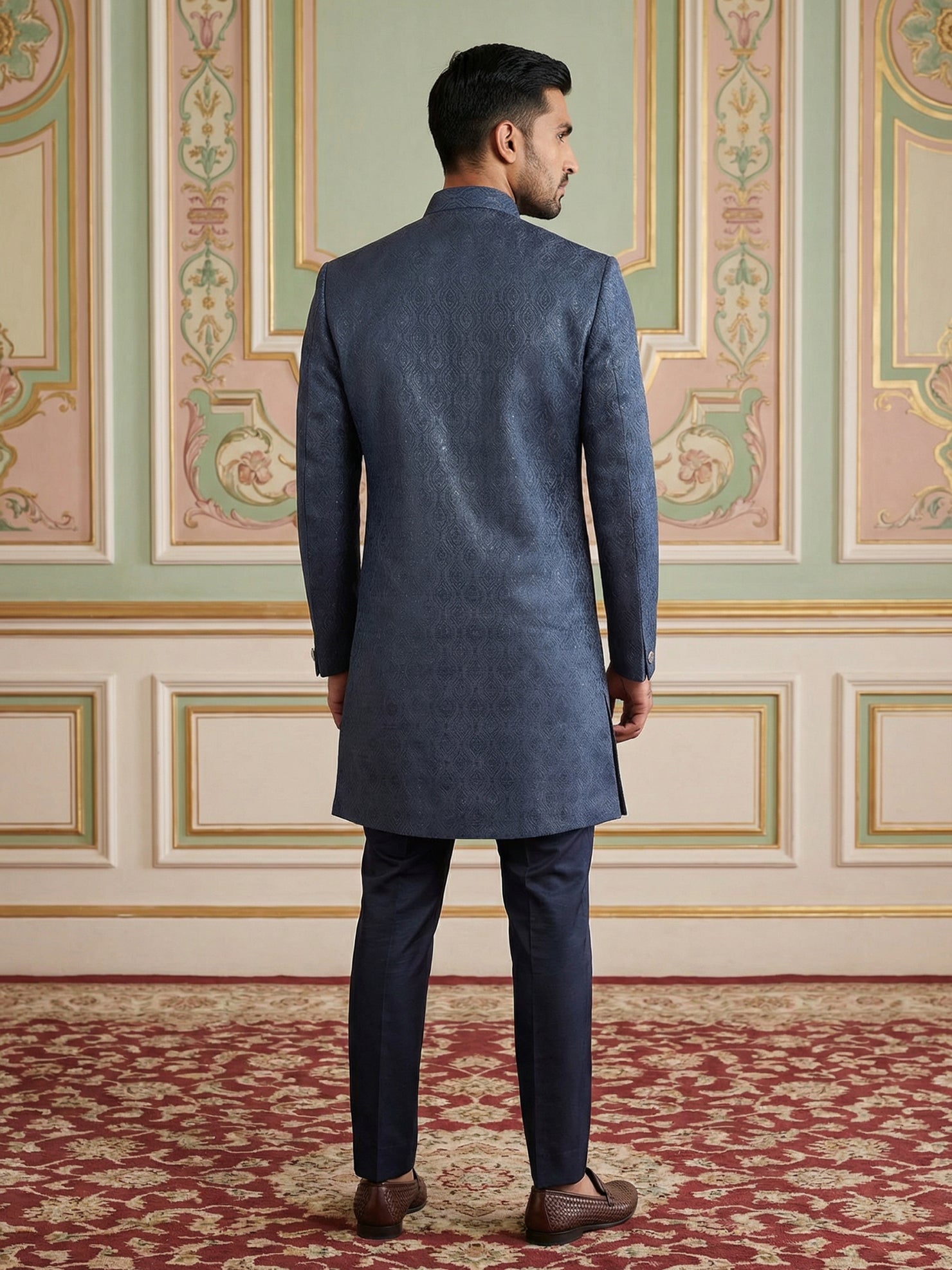 DesiQlo Men Self Design Indo Western Set - Blue - 50JIND_144Navy_S