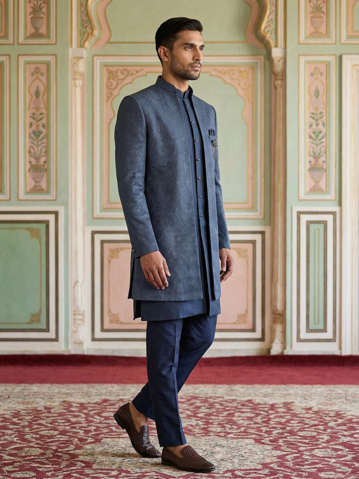DesiQlo Men Self Design Indo Western Set - Blue - 50JIND_144Navy_S