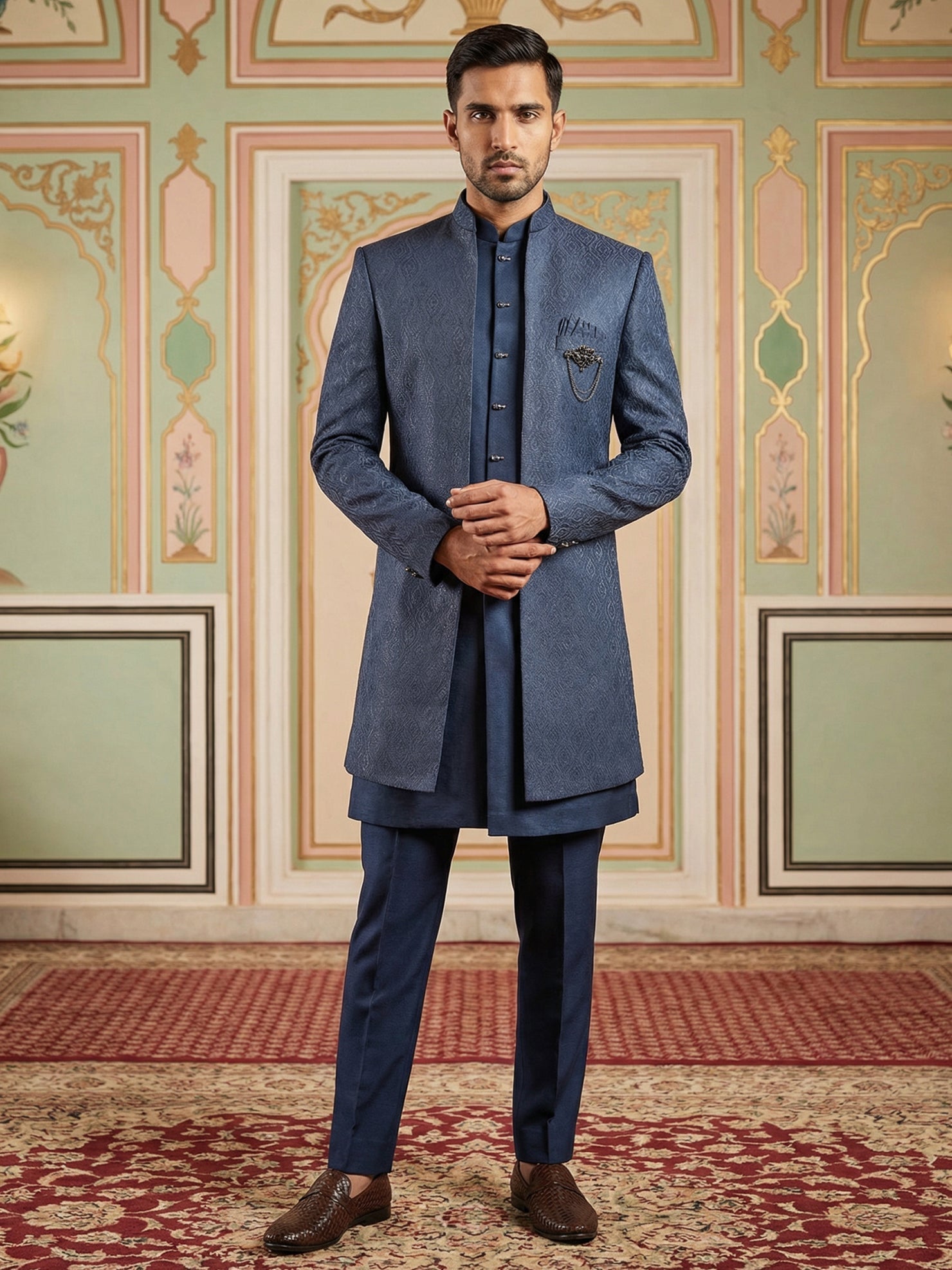 DesiQlo Men Self Design Indo Western Set - Blue - 50JIND_144Navy_S