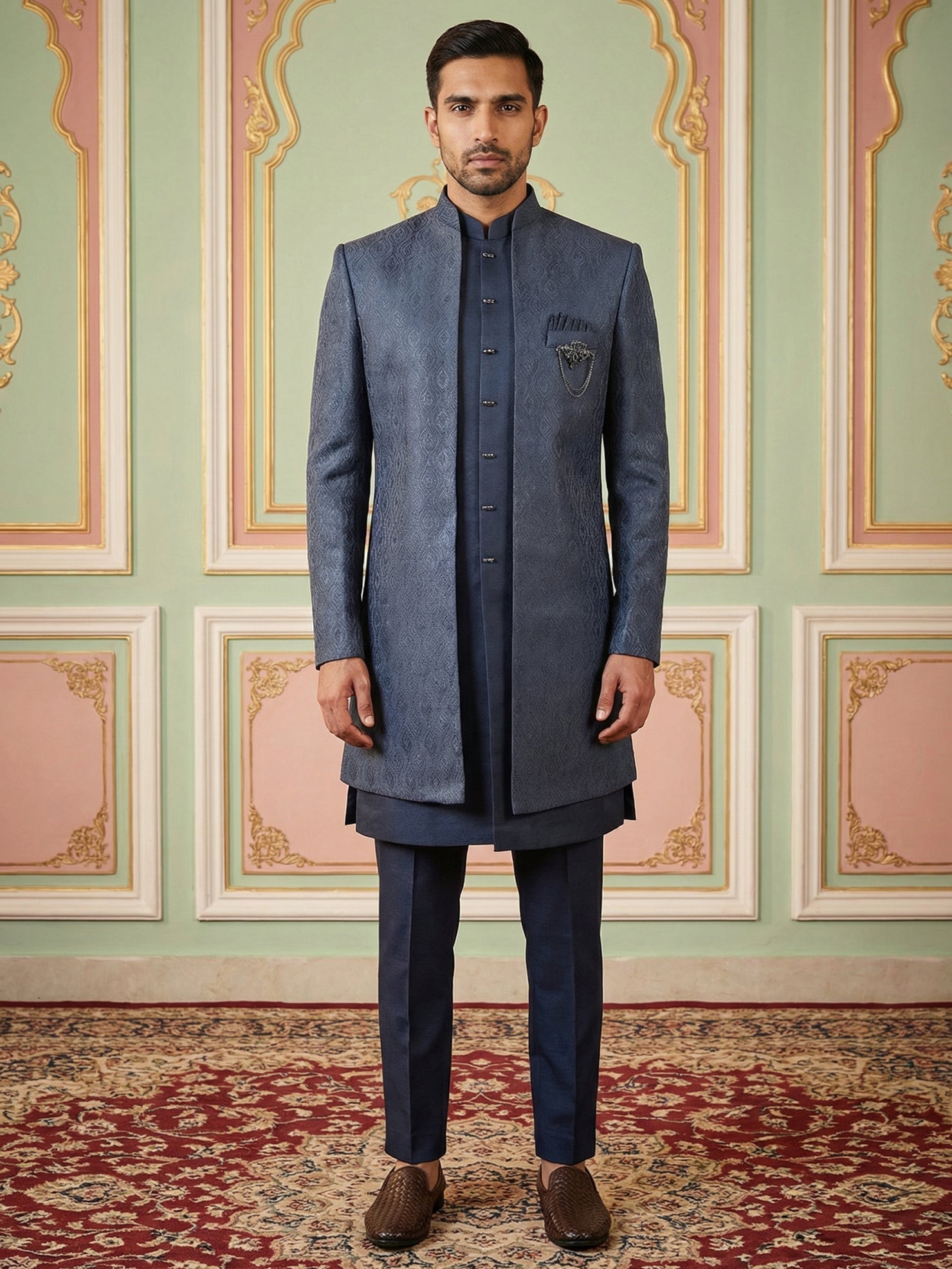 DesiQlo Men Self Design Indo Western Set - Blue - 50JIND_144Navy_S